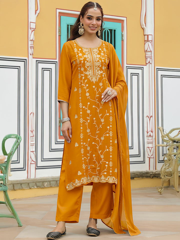 Janasya Women's Mustard Silk Blend Zari Embroidered Straight Kurta Set