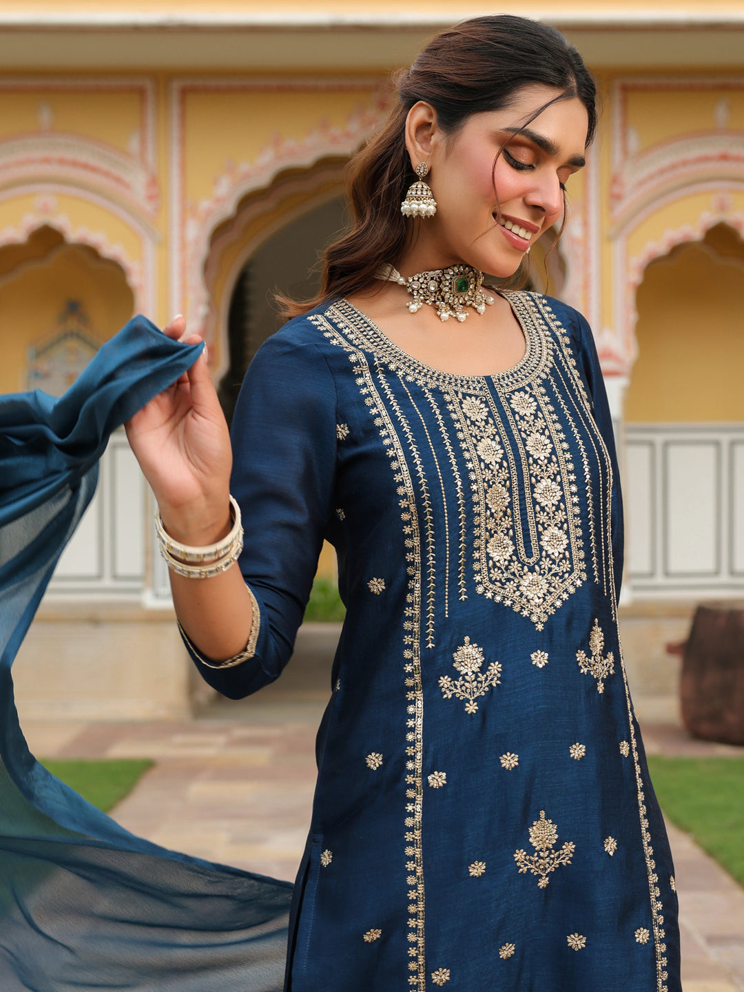 Janasya Women's Teal Blue Silk Blend Zari Embroidered Straight Kurta Set