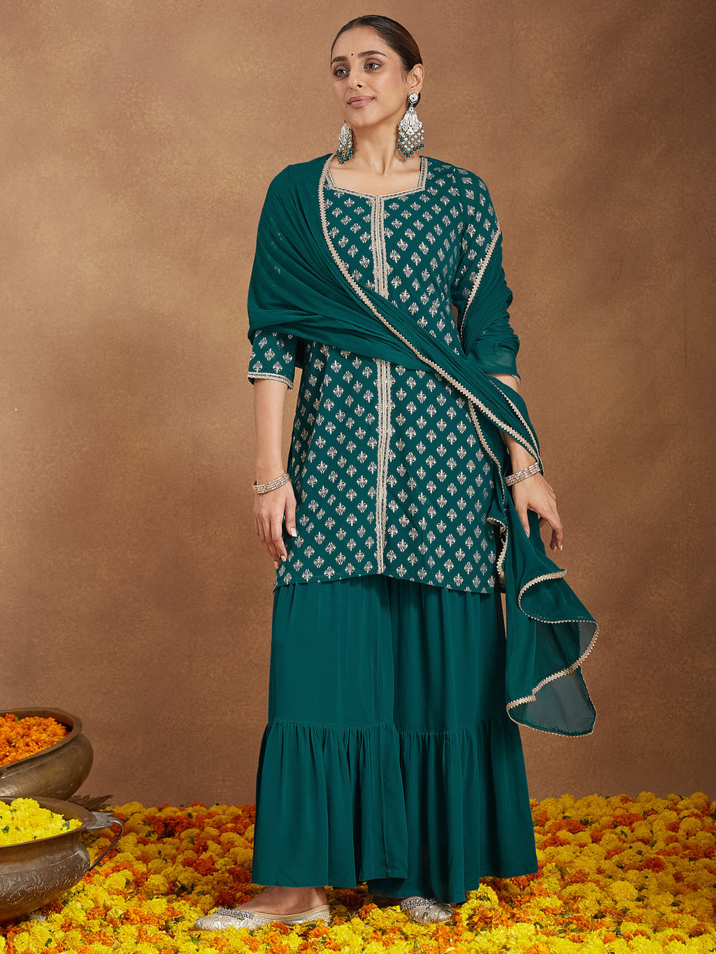 Janasya Women's Teal Green Georgette Embellished Foil Printed Straight Kurta With Sharara & Dupatta