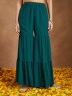 Janasya Women's Teal Green Georgette Embellished Foil Printed Straight Kurta With Sharara & Dupatta