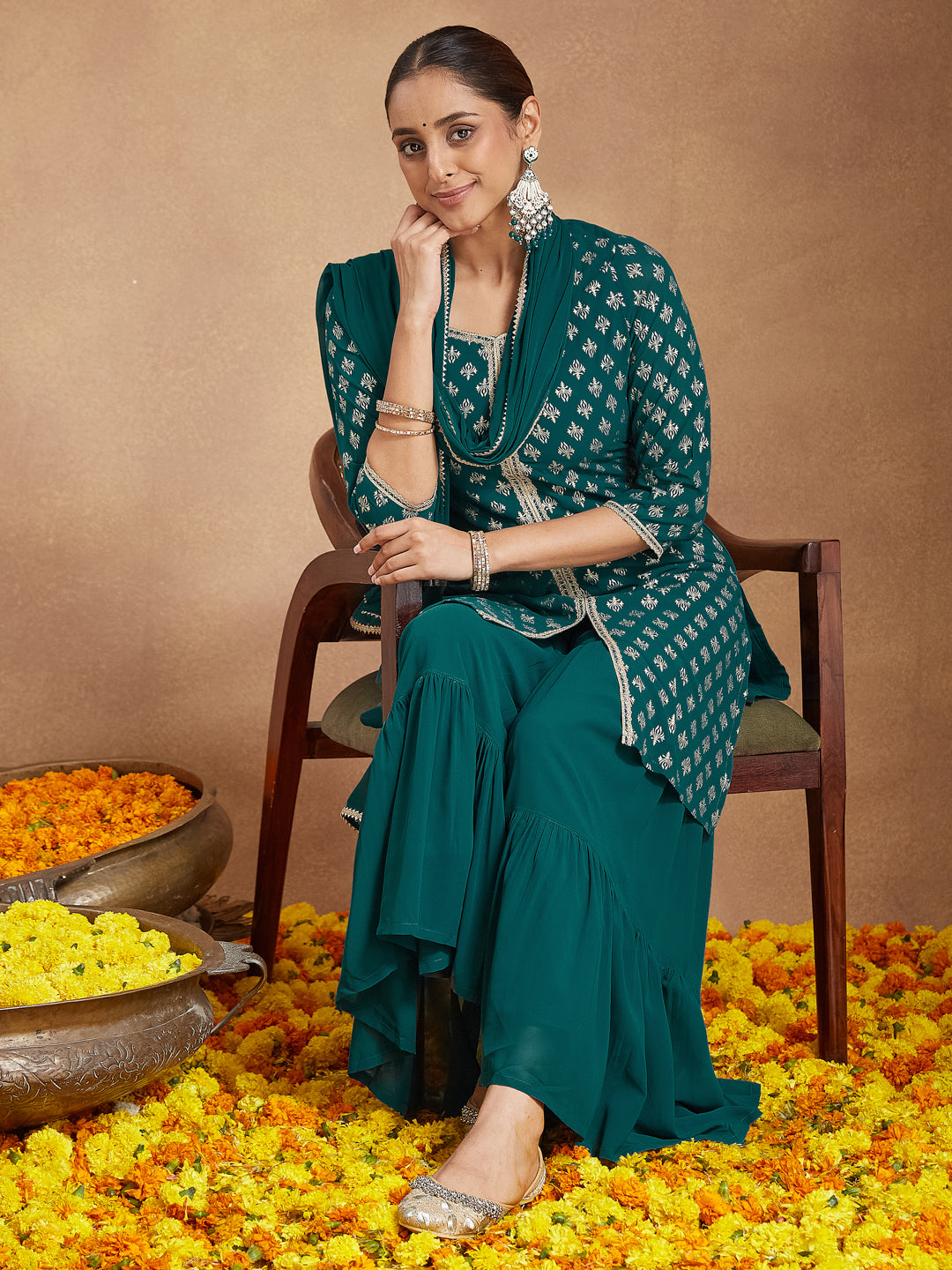 Janasya Women's Teal Green Georgette Embellished Foil Printed Straight Kurta With Sharara & Dupatta