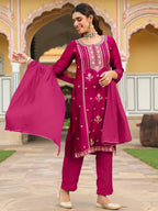 Janasya Women's Pink Silk Blend Zari Embroidered Straight Kurta Set