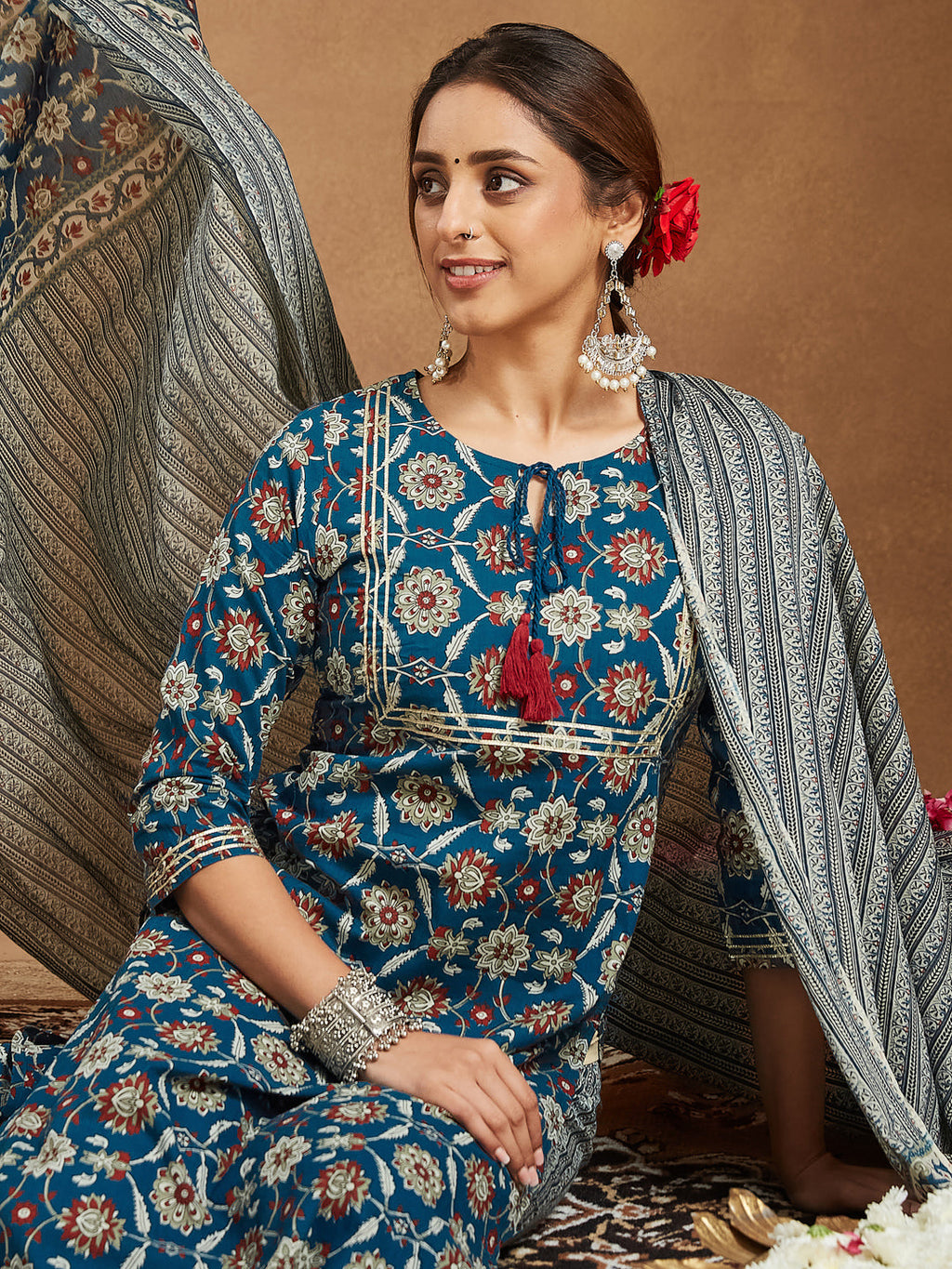 Janasya Women's Teal Blue Pure Cotton Floral Printed Straight Kurta Set