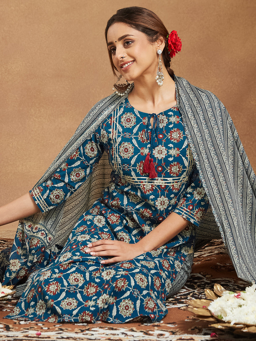 Janasya Women's Teal Blue Pure Cotton Floral Printed Straight Kurta Set