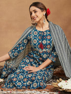 Janasya Women's Teal Blue Pure Cotton Floral Printed Straight Kurta Set