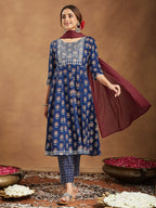Janasya Women's Navy Blue Pure Cotton Yoke Embroidered Floral Printed Anarkali Kurta Set