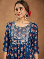 Janasya Women's Navy Blue Pure Cotton Yoke Embroidered Floral Printed Anarkali Kurta Set