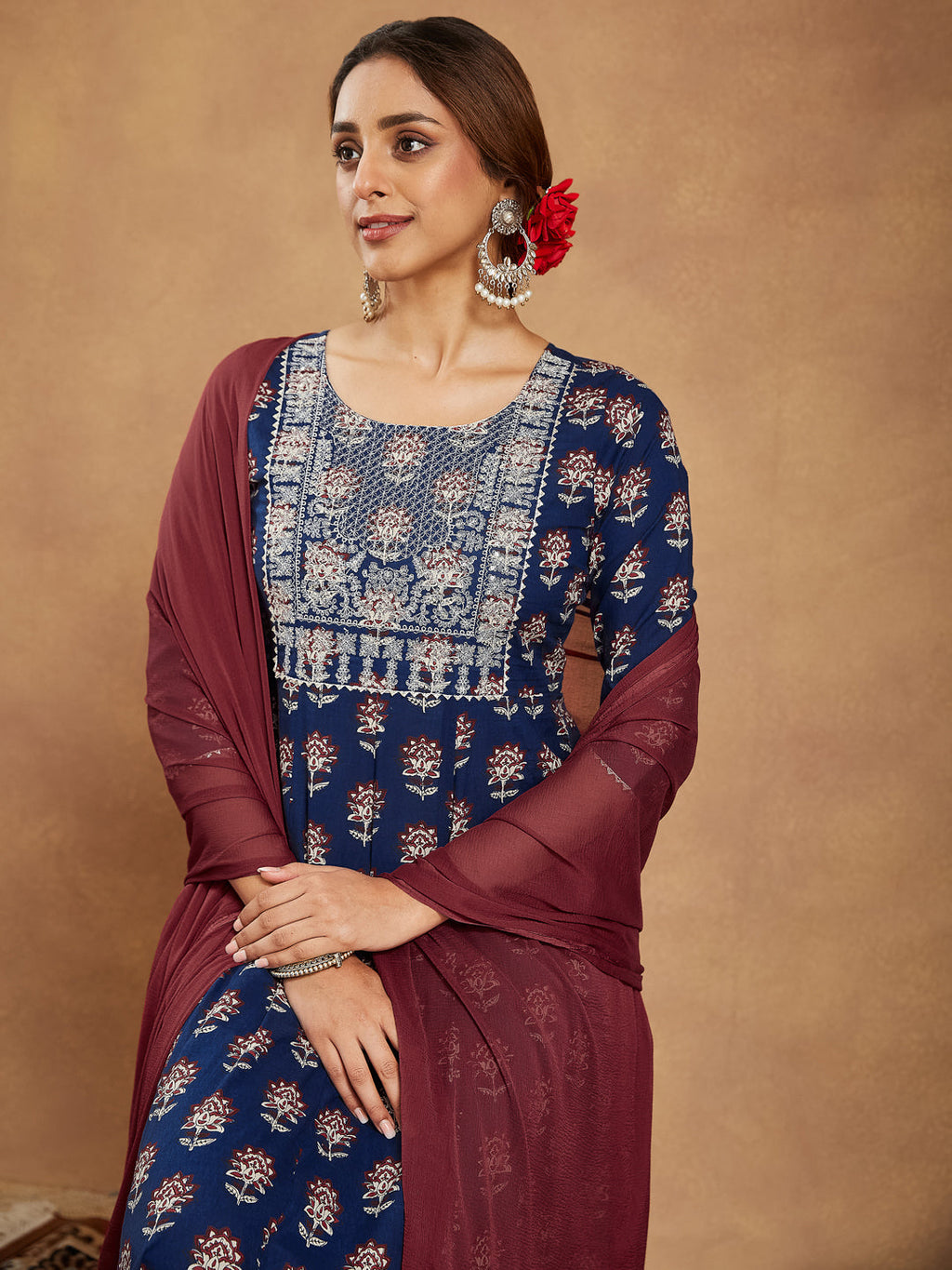 Janasya Women's Navy Blue Pure Cotton Yoke Embroidered Floral Printed Anarkali Kurta Set