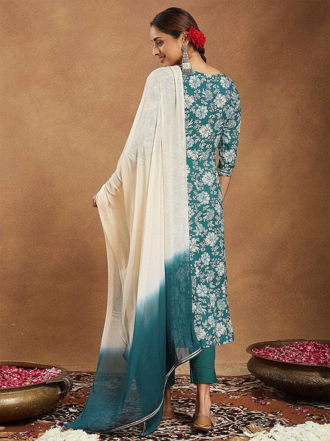 Janasya Women's Teal Green Pure Cotton Yoke Embroidered Floral Printed Anarkali Kurta Set - qivii