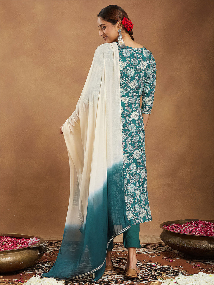 Janasya Women's Teal Green Pure Cotton Yoke Embroidered Floral Printed Anarkali Kurta Set - qivii
