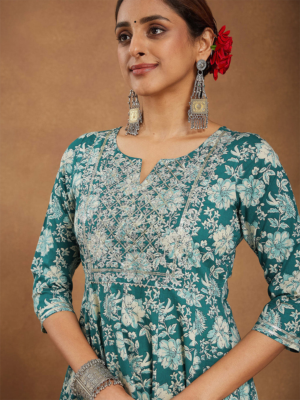 Janasya Women's Teal Green Pure Cotton Yoke Embroidered Floral Printed Anarkali Kurta Set