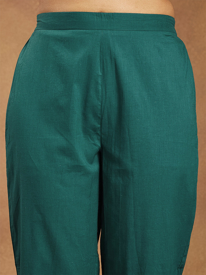 Janasya Women's Teal Green Pure Cotton Yoke Embroidered Floral Printed Anarkali Kurta Set - qivii