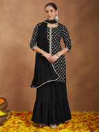 Janasya Women's Black Georgette Embellished Foil Printed Straight Kurta With Sharara & Dupatta Set