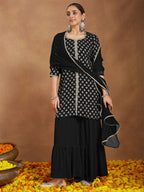 Janasya Women's Black Georgette Embellished Foil Printed Straight Kurta With Sharara & Dupatta Set