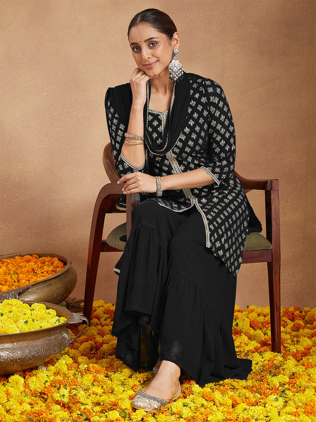 Janasya Women's Black Georgette Embellished Foil Printed Straight Kurta With Sharara & Dupatta Set