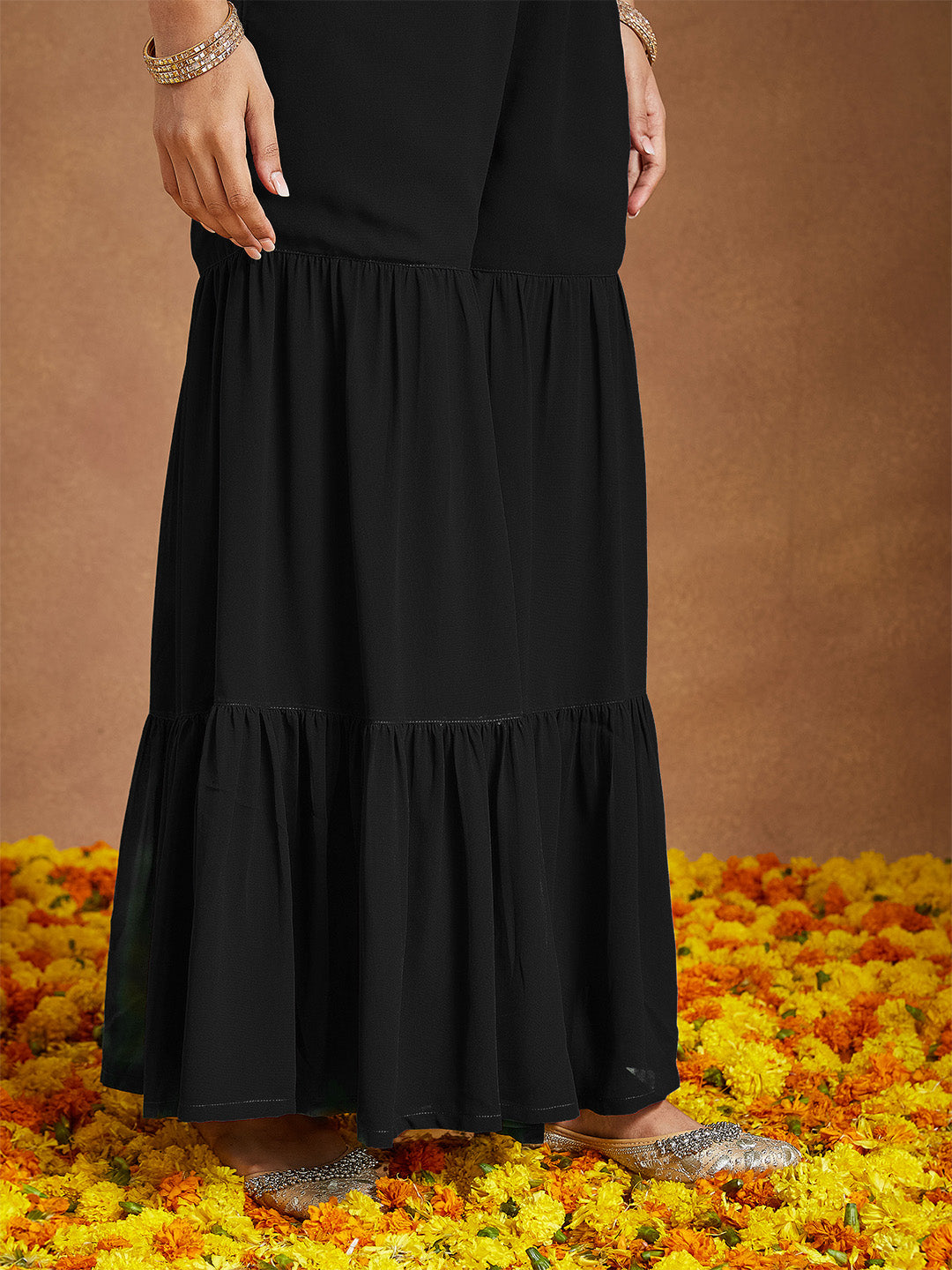 Janasya Women's Black Georgette Embellished Foil Printed Straight Kurta With Sharara & Dupatta Set