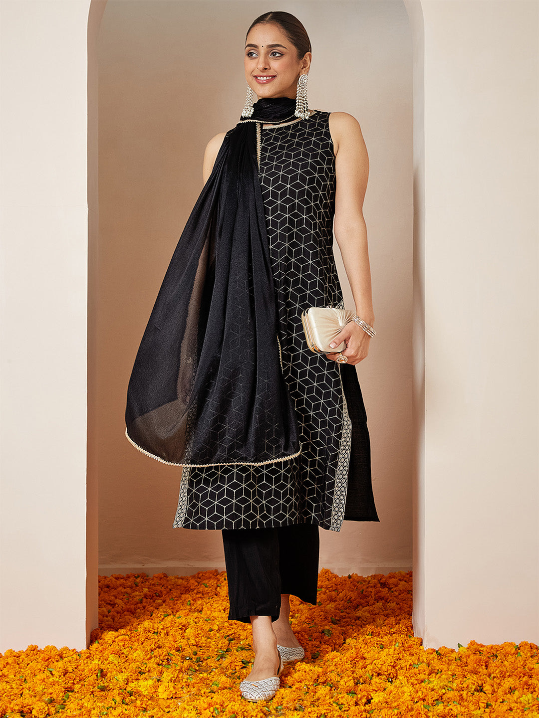 Janasya Women's Black Chanderi Silk Embellished Gold Printed Straight Kurta Set - qivii