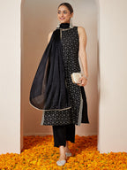 Janasya Women's Black Chanderi Silk Embellished Gold Printed Straight Kurta Set