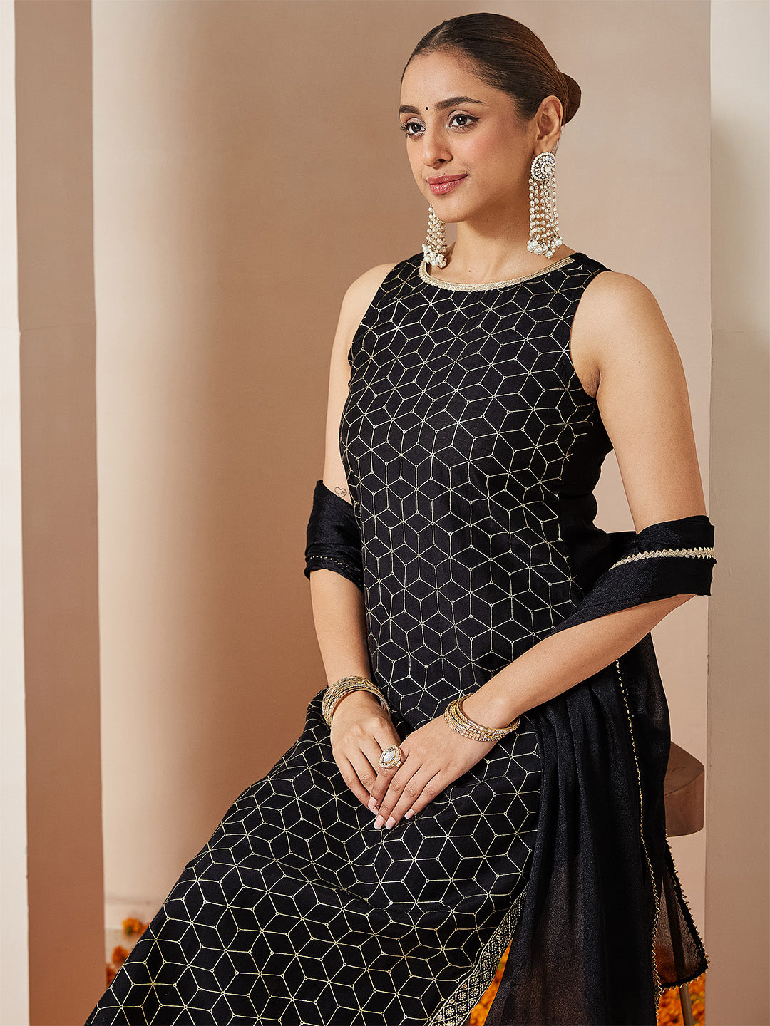 Janasya Women's Black Chanderi Silk Embellished Gold Printed Straight Kurta Set - qivii