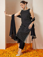 Janasya Women's Black Chanderi Silk Embellished Gold Printed Straight Kurta Set