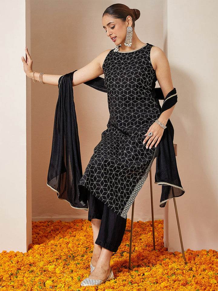 Janasya Women's Black Chanderi Silk Embellished Gold Printed Straight Kurta Set - qivii