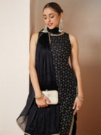 Janasya Women's Black Chanderi Silk Embellished Gold Printed Straight Kurta Set