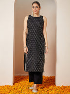 Janasya Women's Black Chanderi Silk Embellished Gold Printed Straight Kurta Set