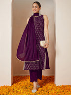 Janasya Women's Purple Chanderi Silk Embellished Gold Printed Straight Kurta Set