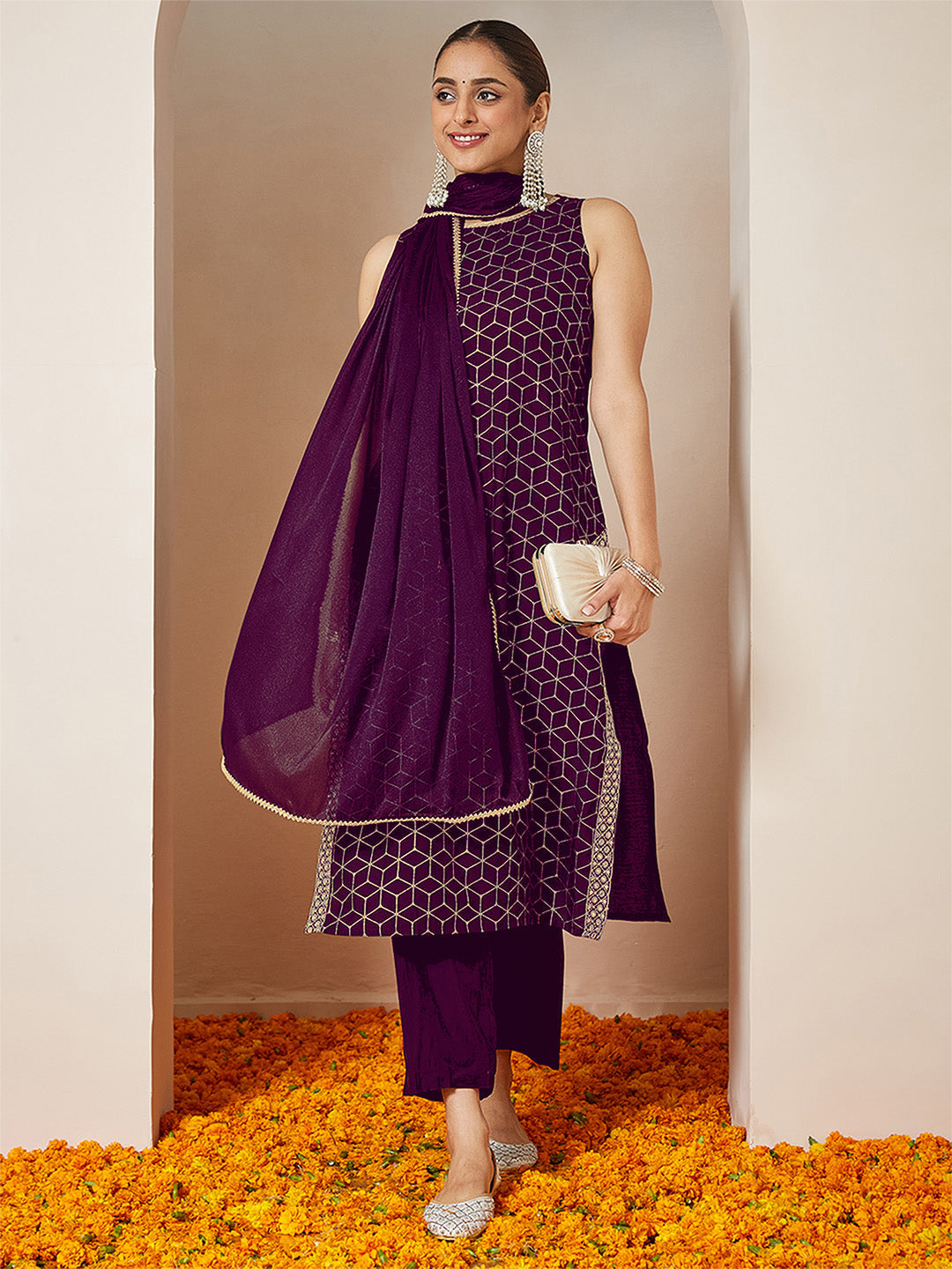 Janasya Women's Purple Chanderi Silk Embellished Gold Printed Straight Kurta Set