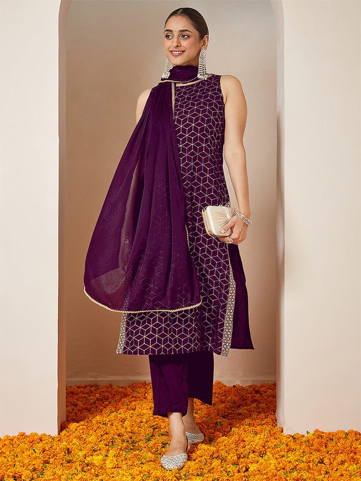 Janasya Women's Purple Chanderi Silk Embellished Gold Printed Straight Kurta Set - qivii