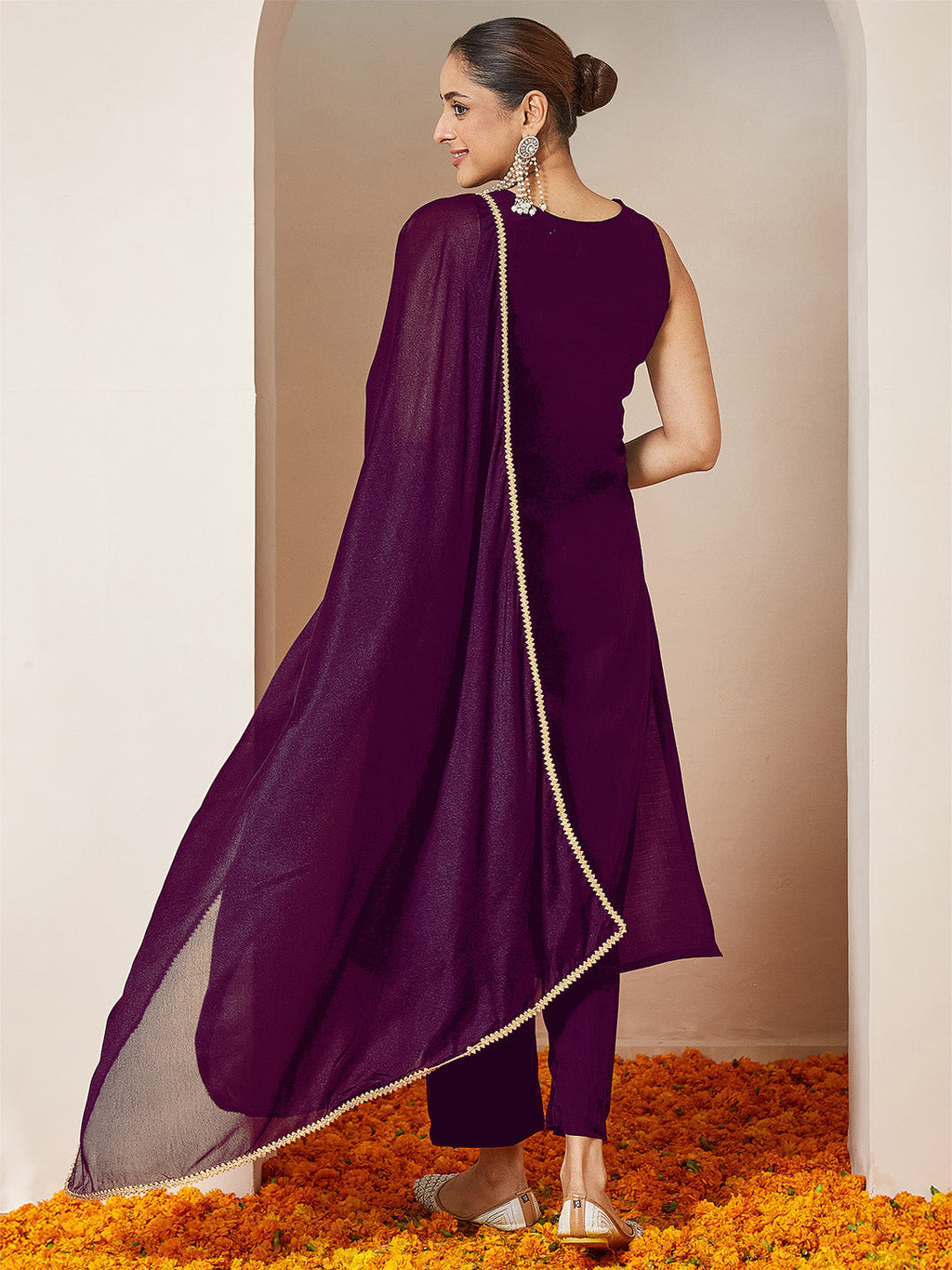 Janasya Women's Purple Chanderi Silk Embellished Gold Printed Straight Kurta Set