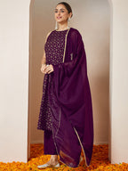 Janasya Women's Purple Chanderi Silk Embellished Gold Printed Straight Kurta Set