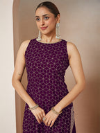 Janasya Women's Purple Chanderi Silk Embellished Gold Printed Straight Kurta Set