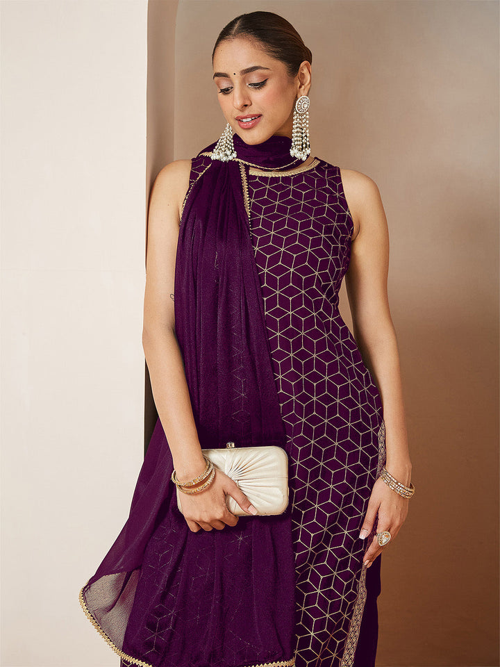 Janasya Women's Purple Chanderi Silk Embellished Gold Printed Straight Kurta Set - qivii