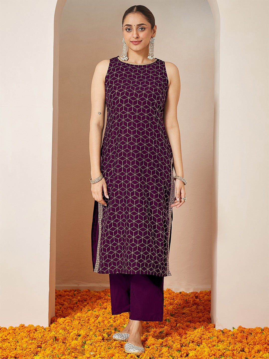 Janasya Women's Purple Chanderi Silk Embellished Gold Printed Straight Kurta Set - qivii