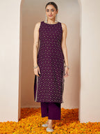Janasya Women's Purple Chanderi Silk Embellished Gold Printed Straight Kurta Set