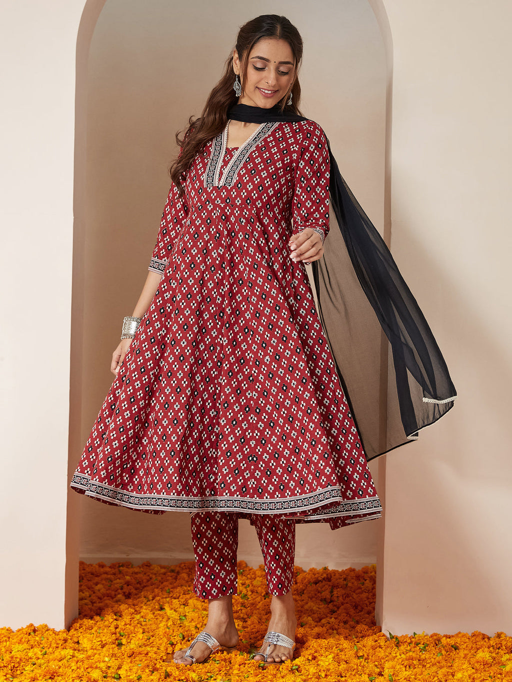 Janasya Women's Maroon Pure Cotton Ikkat Printed Anarkali Kurta Set