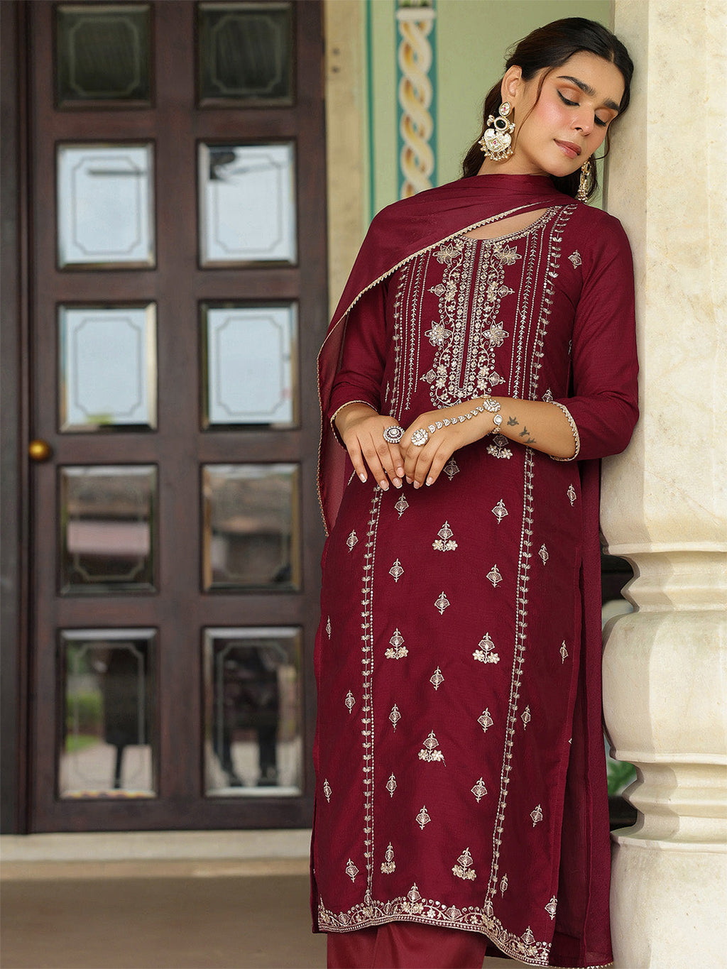 Janasya Women's Maroon Silk Blend Zari Embroidered Straight Kurta Set With Dupatta