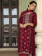 Janasya Women's Maroon Silk Blend Zari Embroidered Straight Kurta Set With Dupatta