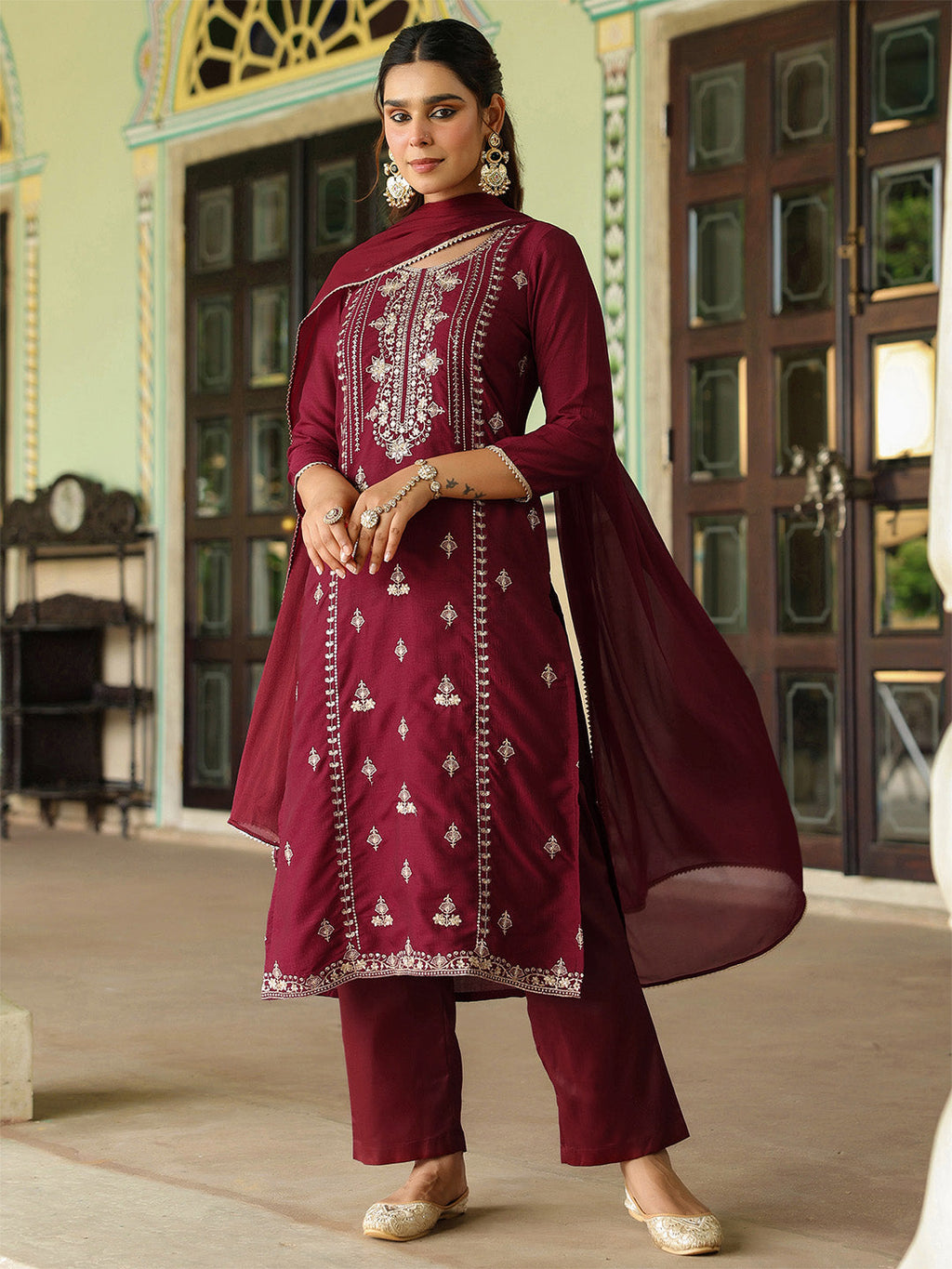 Janasya Women's Maroon Silk Blend Zari Embroidered Straight Kurta Set With Dupatta