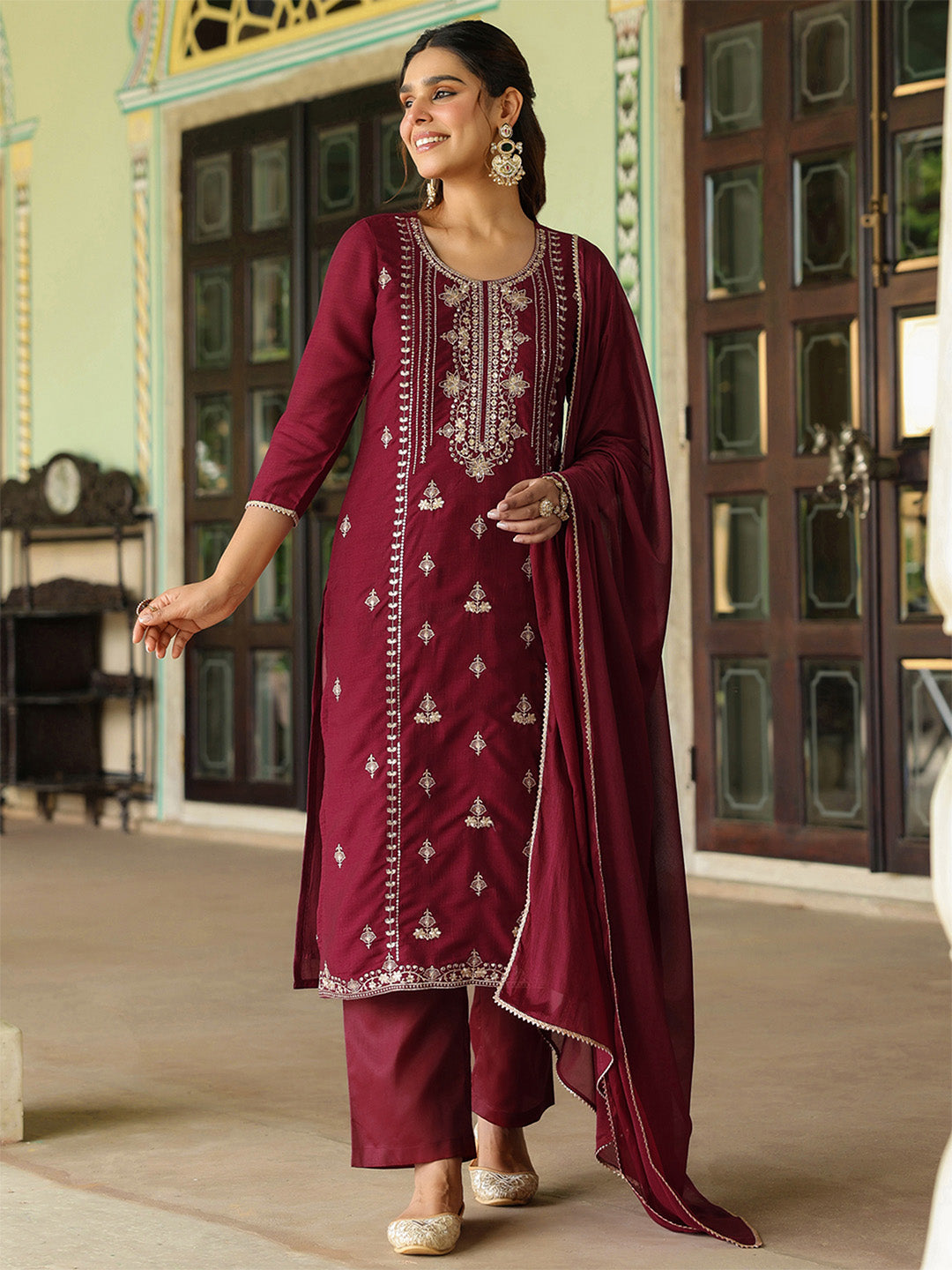 Janasya Women's Maroon Silk Blend Zari Embroidered Straight Kurta Set With Dupatta