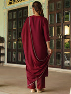 Janasya Women's Maroon Silk Blend Zari Embroidered Straight Kurta Set With Dupatta