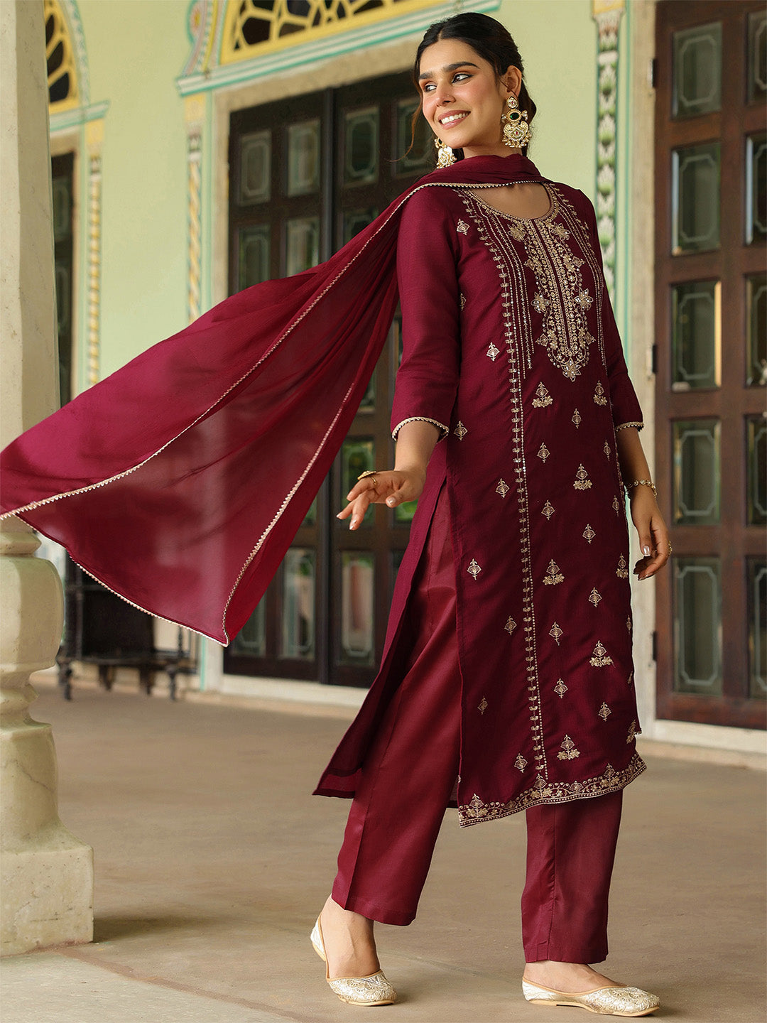 Janasya Women's Maroon Silk Blend Zari Embroidered Straight Kurta Set With Dupatta - qivii