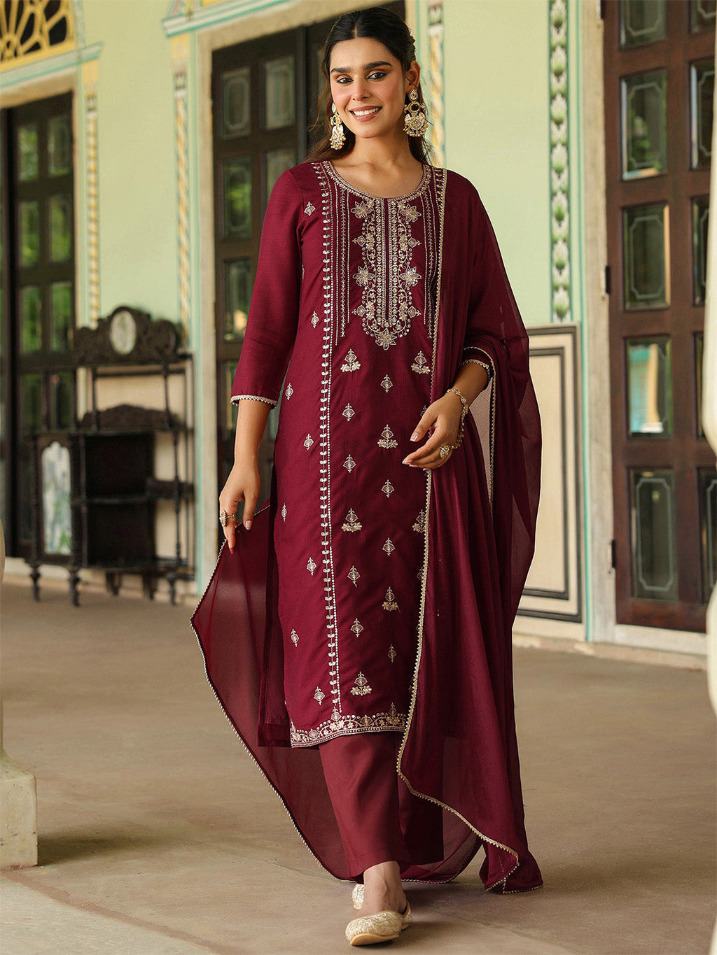 Janasya Women's Maroon Silk Blend Zari Embroidered Straight Kurta Set With Dupatta