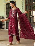Janasya Women's Maroon Silk Blend Zari Embroidered Straight Kurta Set With Dupatta
