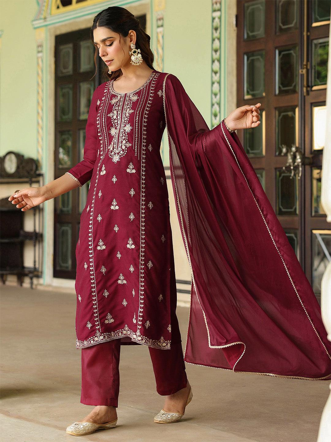 Janasya Women's Maroon Silk Blend Zari Embroidered Straight Kurta Set With Dupatta