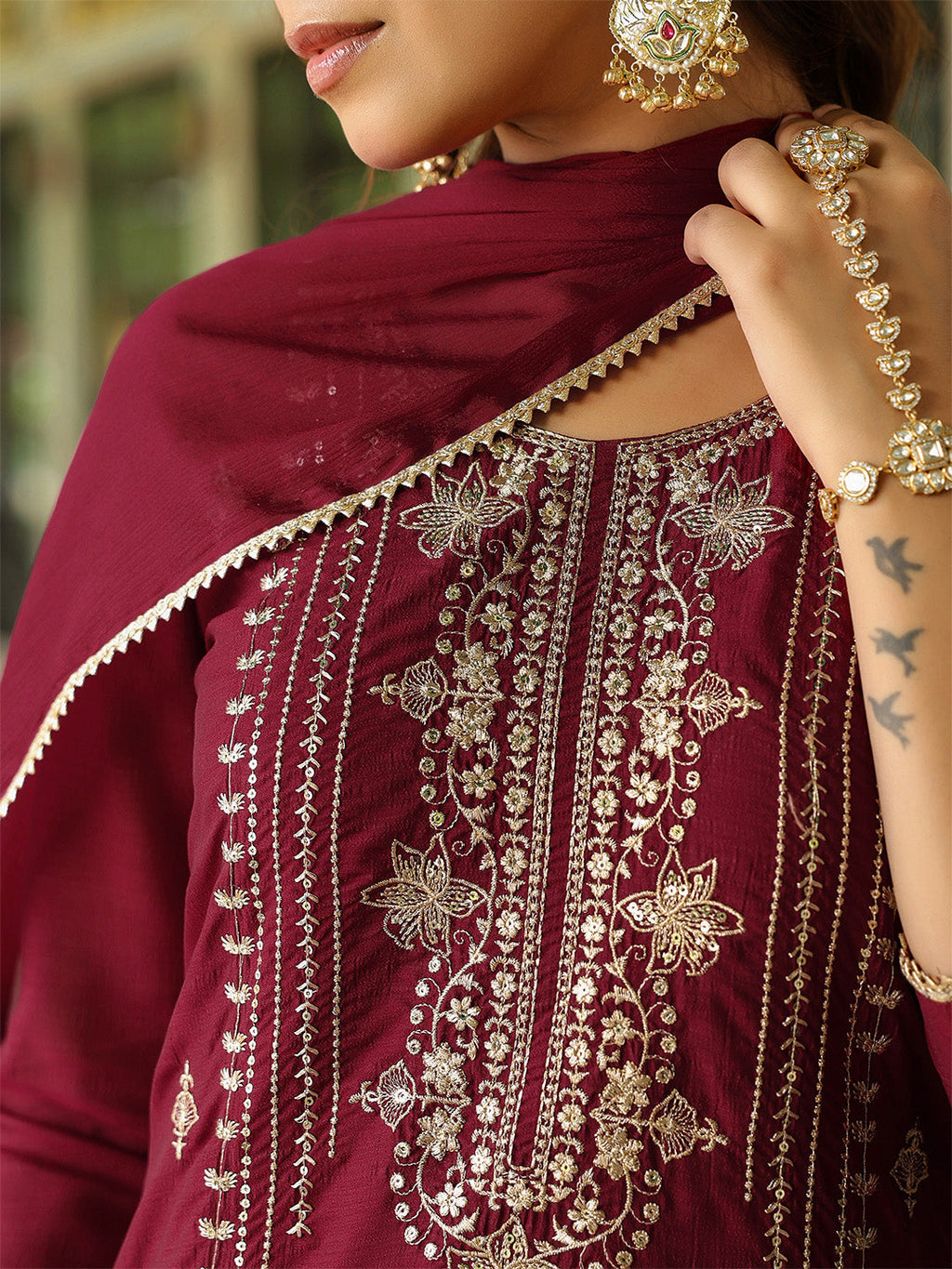 Janasya Women's Maroon Silk Blend Zari Embroidered Straight Kurta Set With Dupatta