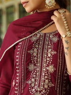 Janasya Women's Maroon Silk Blend Zari Embroidered Straight Kurta Set With Dupatta