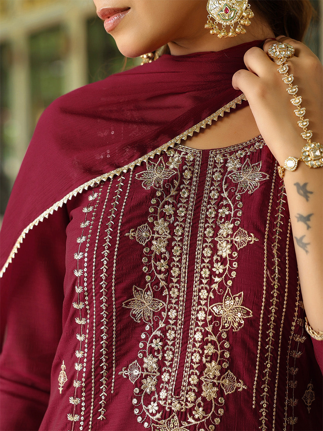 Janasya Women's Maroon Silk Blend Zari Embroidered Straight Kurta Set With Dupatta