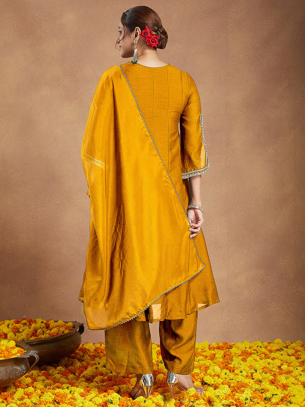 Janasya Women's Mustard Silk Blend Zari Embroidered Anarkali Kurta With Palazzo & Dupatta Set